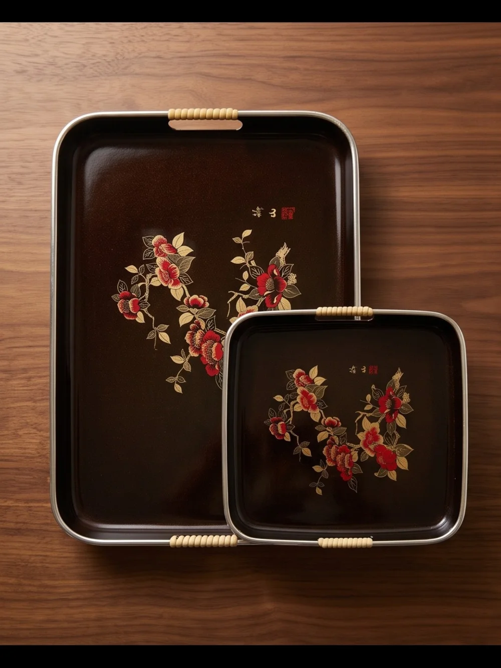 Japanese Brown Lacquerware Floral Nesting Trays
